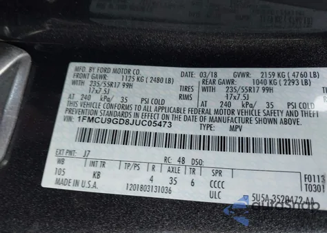 2018 Ford Escape Se z USA, uszkodzony, nr VIN 1FMCU9GD8JUC05473
